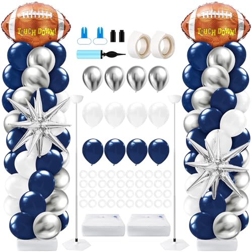 Kasyat 2 Sets Cowboys Football Balloon Column Stand Kit with 4d Football 100 Latex Navy Blue White and Silver Balloons Arch Garland for Rugby Party Baby Shower Birthday Sport Theme Decorations - Image 1