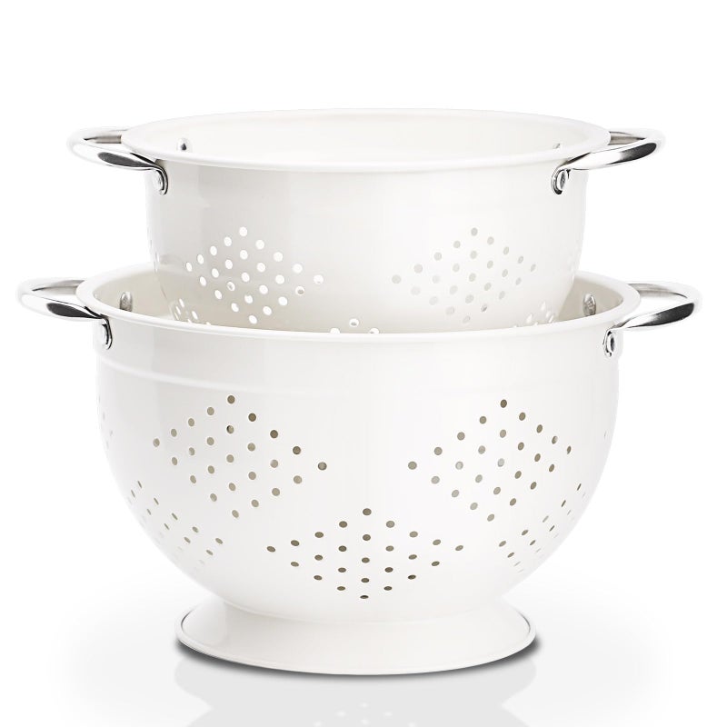 Rorence Powder Coated Steel Colanders 3 Quart and 5 Quart Set of 2 White
