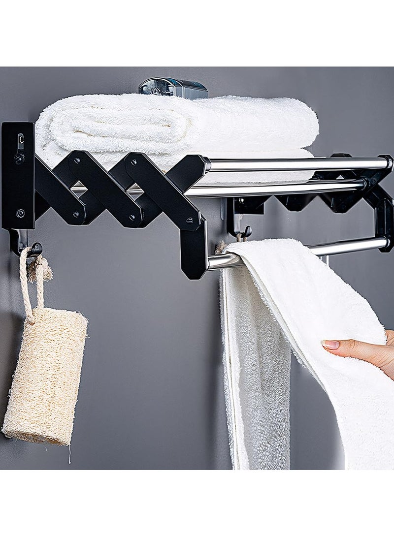 40cm Adjustable Retractable Towel Rail, Wall Mounted Stainless Steel Holder with 2 Hooks for Bathroom, Kitchen and Hotel Use - Image 1