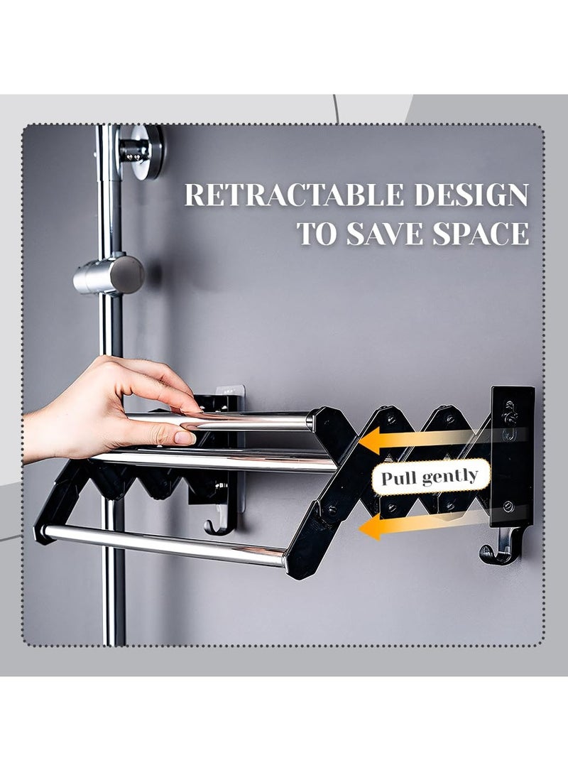 40cm Adjustable Retractable Towel Rail, Wall Mounted Stainless Steel Holder with 2 Hooks for Bathroom, Kitchen and Hotel Use - Image 2