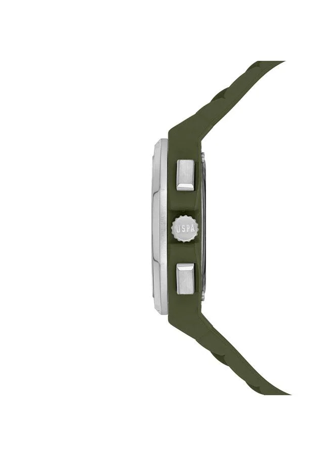 يو اس بولو اسن ساعة رجالية متعددة الوظائف بقرص أسود وسوار ستانلس ستيل أخضر  مم