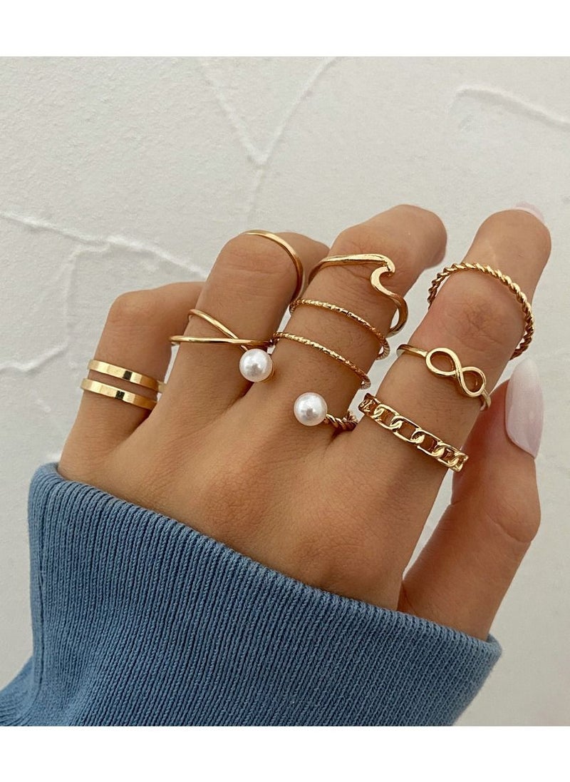 NIBEMINENT 9 Pcs Multi-size Elegant Fashion Rings Set Simple Rhinestones Pearl Finger Jewelry for Women/Girls Gold  - Image 1