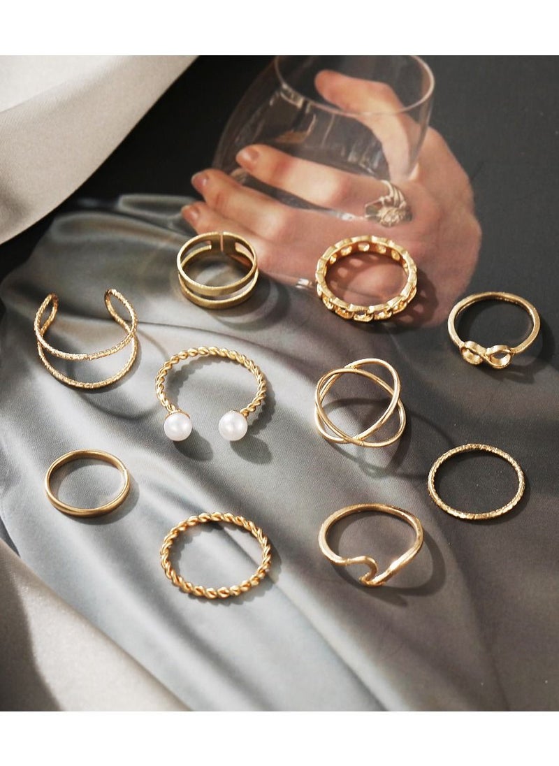 NIBEMINENT 9 Pcs Multi-size Elegant Fashion Rings Set Simple Rhinestones Pearl Finger Jewelry for Women/Girls Gold  - Image 3