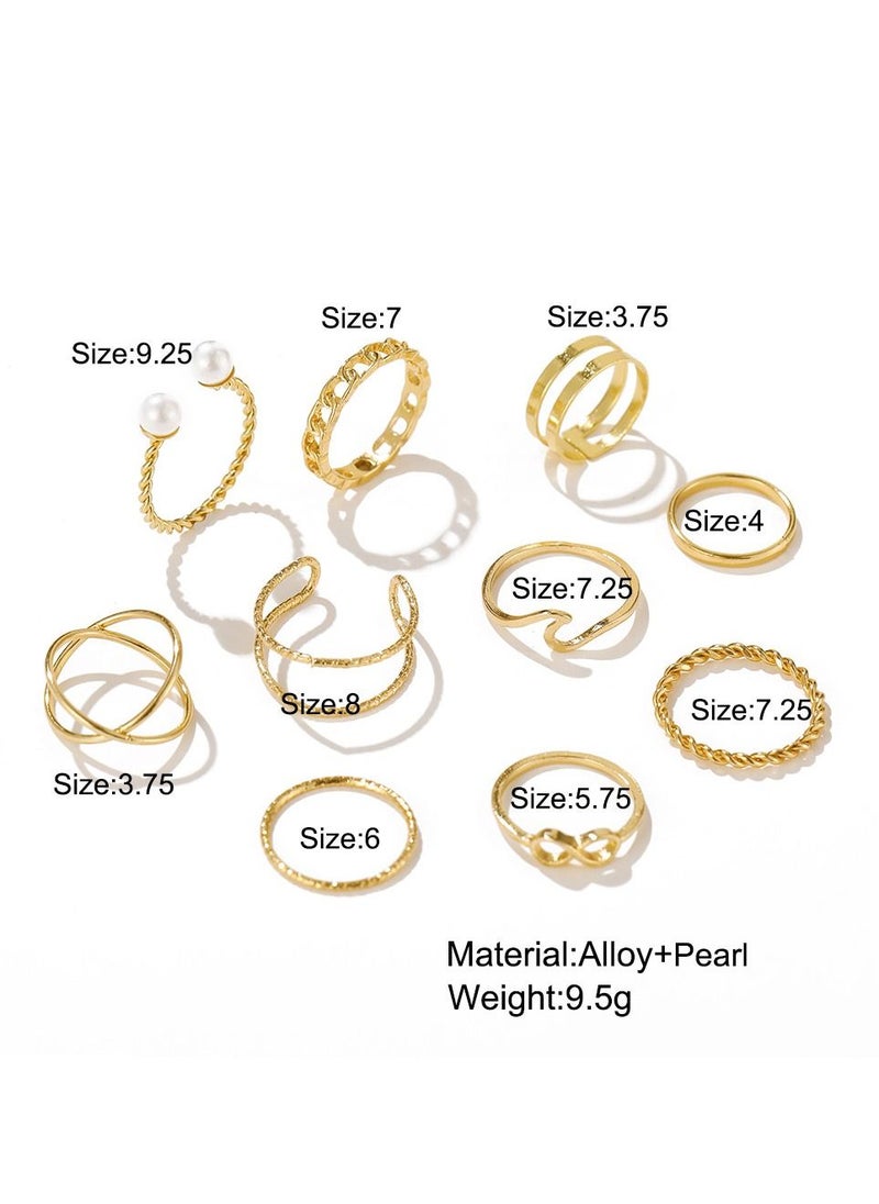 NIBEMINENT 9 Pcs Multi-size Elegant Fashion Rings Set Simple Rhinestones Pearl Finger Jewelry for Women/Girls Gold  - Image 2