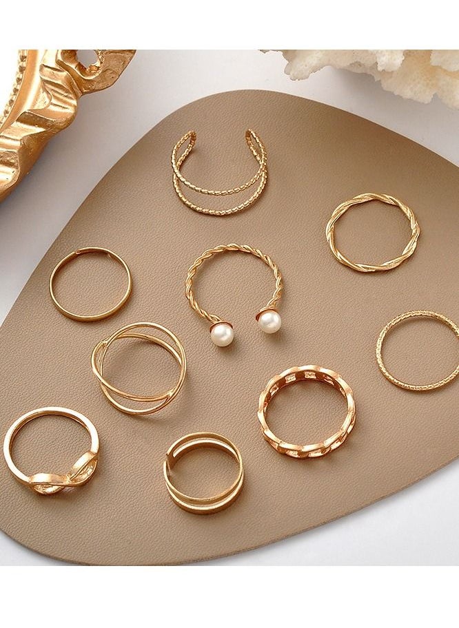 NIBEMINENT 9 Pcs Multi-size Elegant Fashion Rings Set Simple Rhinestones Pearl Finger Jewelry for Women/Girls Gold  - Image 4