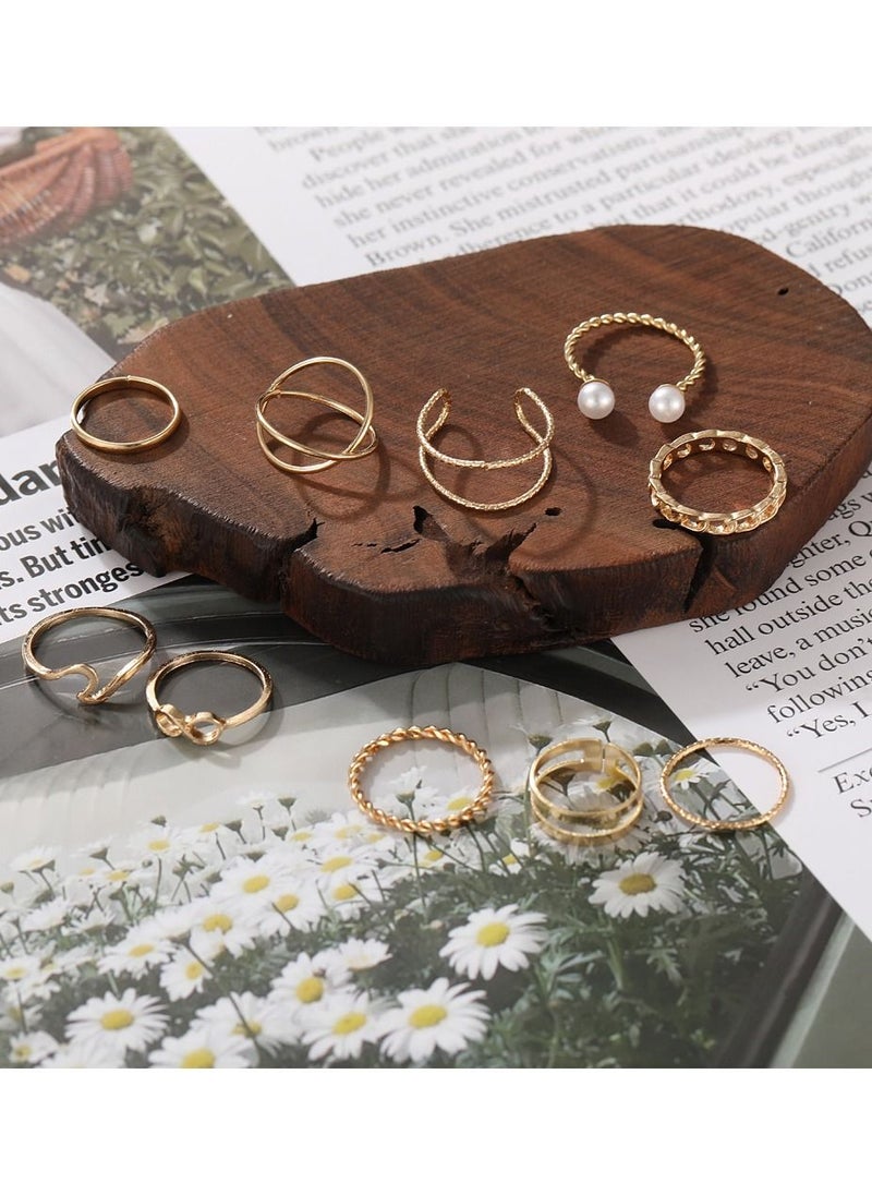 NIBEMINENT 9 Pcs Multi-size Elegant Fashion Rings Set Simple Rhinestones Pearl Finger Jewelry for Women/Girls Gold  - Image 5