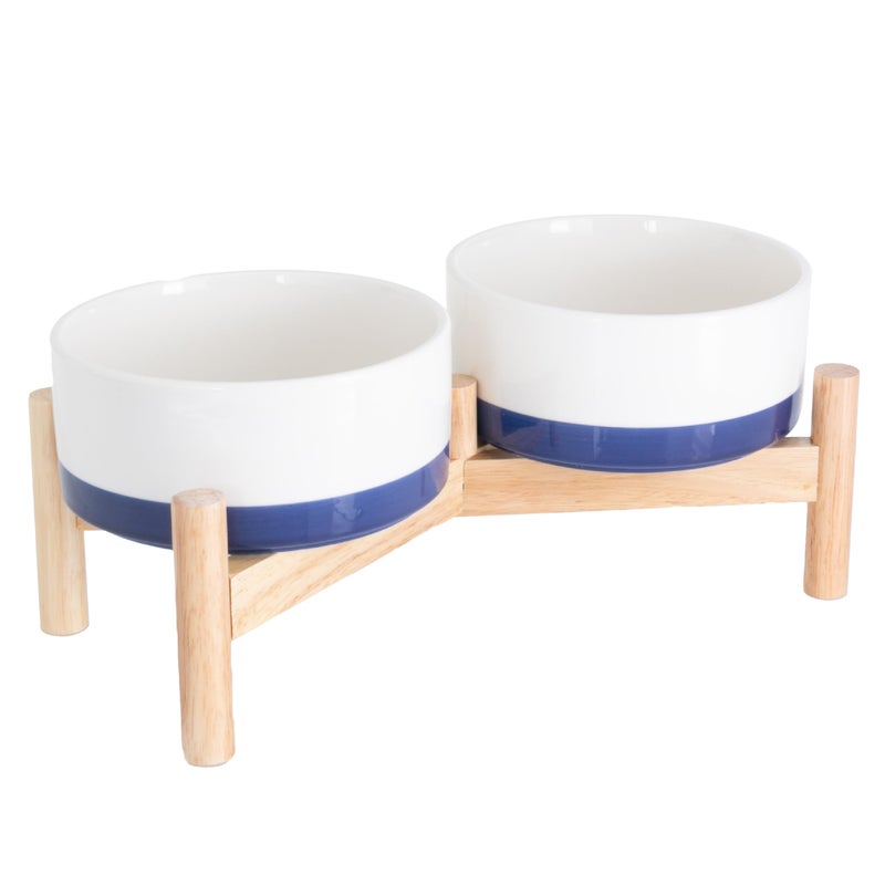 Ilyapa Ceramic Dog Bowls - Elevated for Medium Sized Pet with Raised Food and Water Set - Blue Double 6 inch, 28 Oz Bowls & 13x6.3x5.5 Wooden Stand - Image 1