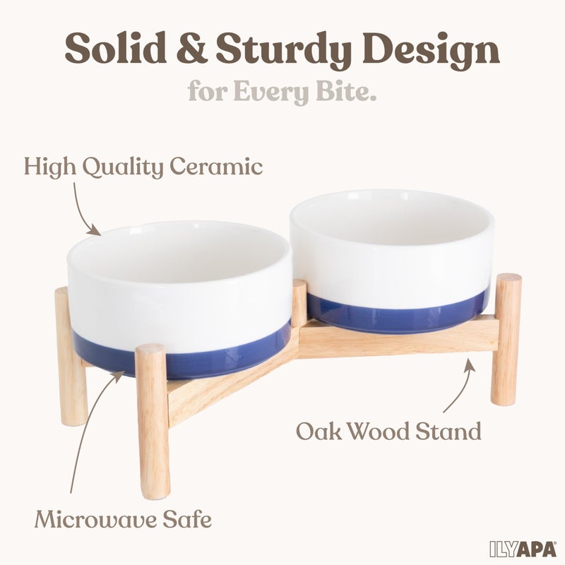 Ilyapa Ceramic Dog Bowls - Elevated for Medium Sized Pet with Raised Food and Water Set - Blue Double 6 inch, 28 Oz Bowls & 13x6.3x5.5 Wooden Stand - Image 5