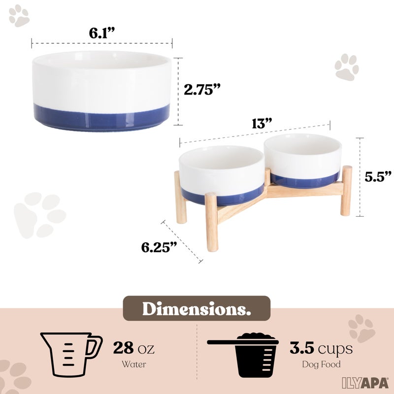 Ilyapa Ceramic Dog Bowls - Elevated for Medium Sized Pet with Raised Food and Water Set - Blue Double 6 inch, 28 Oz Bowls & 13x6.3x5.5 Wooden Stand - Image 2