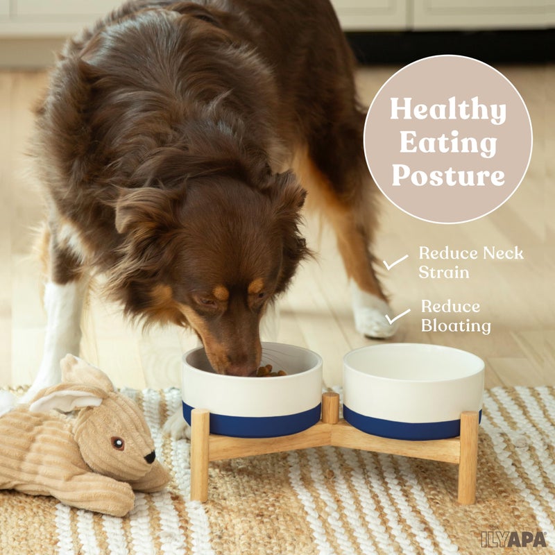 Ilyapa Ceramic Dog Bowls - Elevated for Medium Sized Pet with Raised Food and Water Set - Blue Double 6 inch, 28 Oz Bowls & 13x6.3x5.5 Wooden Stand - Image 3