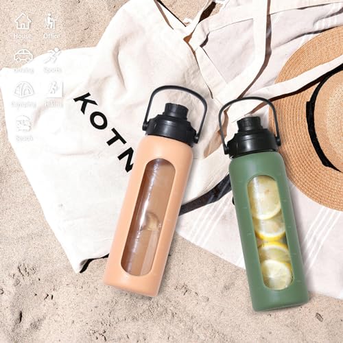 Kodrine 24oz Glass Water Bottle with Straw and 2 Lids-Bamboo Straw and Spout Lid with Carry Handle, Borosilicate Glass Drinking Bottle with Silicone Sleeve and Time Marker For Sports Travel, Amber - Image 5
