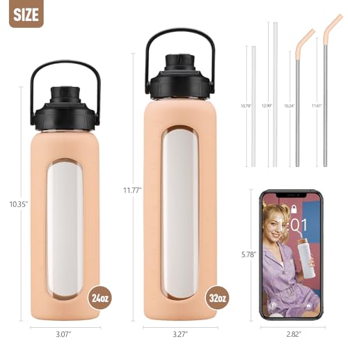 Kodrine 24oz Glass Water Bottle with Straw and 2 Lids-Bamboo Straw and Spout Lid with Carry Handle, Borosilicate Glass Drinking Bottle with Silicone Sleeve and Time Marker For Sports Travel, Amber - Image 4