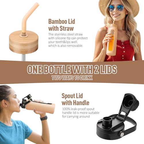 Kodrine 24oz Glass Water Bottle with Straw and 2 Lids-Bamboo Straw and Spout Lid with Carry Handle, Borosilicate Glass Drinking Bottle with Silicone Sleeve and Time Marker For Sports Travel, Amber - Image 2