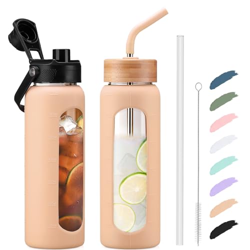 Kodrine 24oz Glass Water Bottle with Straw and 2 Lids-Bamboo Straw and Spout Lid with Carry Handle, Borosilicate Glass Drinking Bottle with Silicone Sleeve and Time Marker For Sports Travel, Amber - Image 1