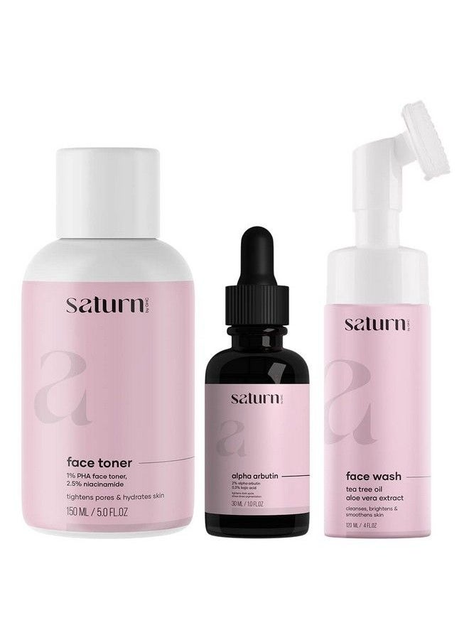 Saturn by GHC - Alpha Arbutin Face Serum (30 Ml) Face Toner (150 Ml) & Foaming Face Wash With Builtin Face Brush (120 Ml) Powered With Retinol Pha & Aloe Vera For Oily Skin & Dark Spot Removal (Combo Pack Of 3) - Image 1