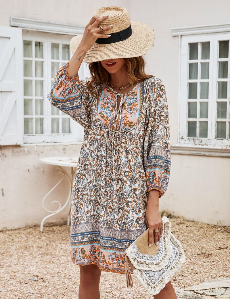 Bluetime Women Casual Summer Dress Boho V Neck 3/4 Sleeve Babydoll Floral Print Flowy Beach Dress (S, Beige) - Image 2