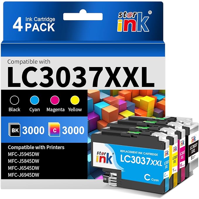 Starink LC3037 Compatible Ink Cartridge Replacement for LC 3037 XXL LC3039 3039 Used for MFC-J5845DW MFC-J5945DW MFC-J6945DW MFC-J6545DW MFC-J6545DWXL MFC-J5845DWXL, 4 Packs (BK C M Y)
