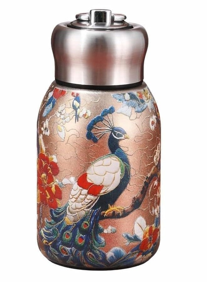 Touchcart Mini Stainless Steel Thermal Bottle 300ML Imperial Gold, Vacuum Insulated Water Bottle, Double Hot Cold Thermos Flask, Leakproof Portable Travel Mug for Gym Office Hiking (Peacock Design) - Image 1