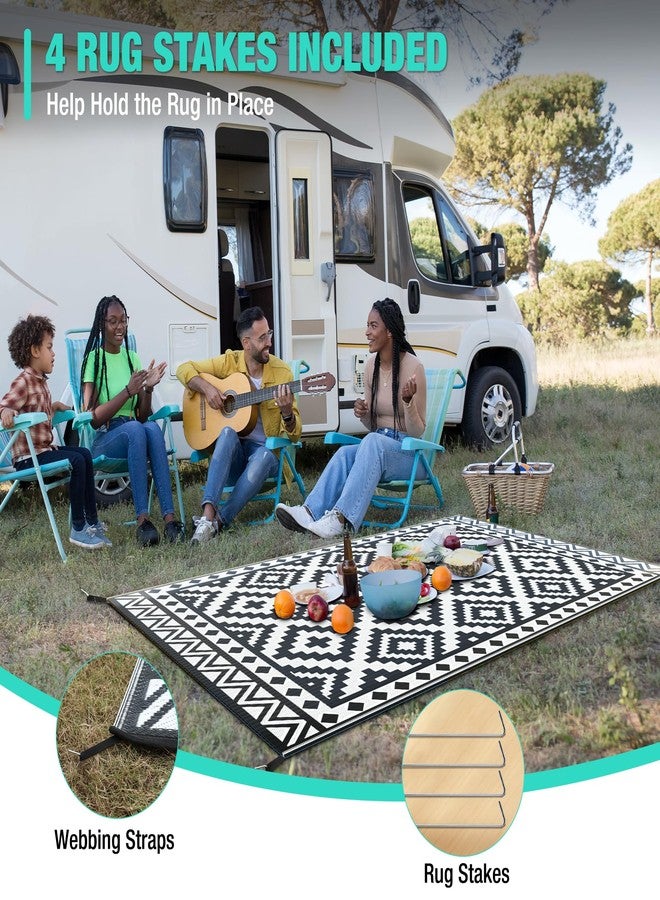 HAUSHOF 5'X8' Outdoor Rug Waterproof, Thickened Outdoor Plastic Straw Rug, Reversible Patio Rug with 4 Rug Stakes, Outdoor Carpet Mat for RV Trip, Camping, Beach, Deck, Porch, Balcony, Black&White - Image 5