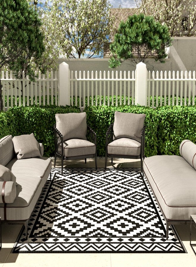 HAUSHOF 5'X8' Outdoor Rug Waterproof, Thickened Outdoor Plastic Straw Rug, Reversible Patio Rug with 4 Rug Stakes, Outdoor Carpet Mat for RV Trip, Camping, Beach, Deck, Porch, Balcony, Black&White - Image 2
