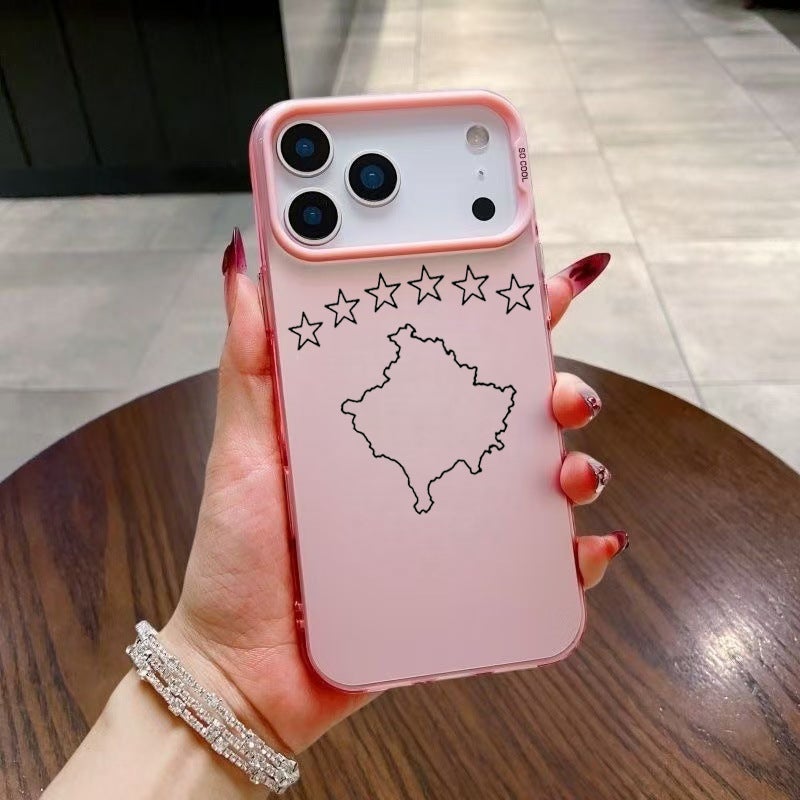Apple iPhone 17 Pro phone case with a pink cartoon design featuring a six-star map for drop protection