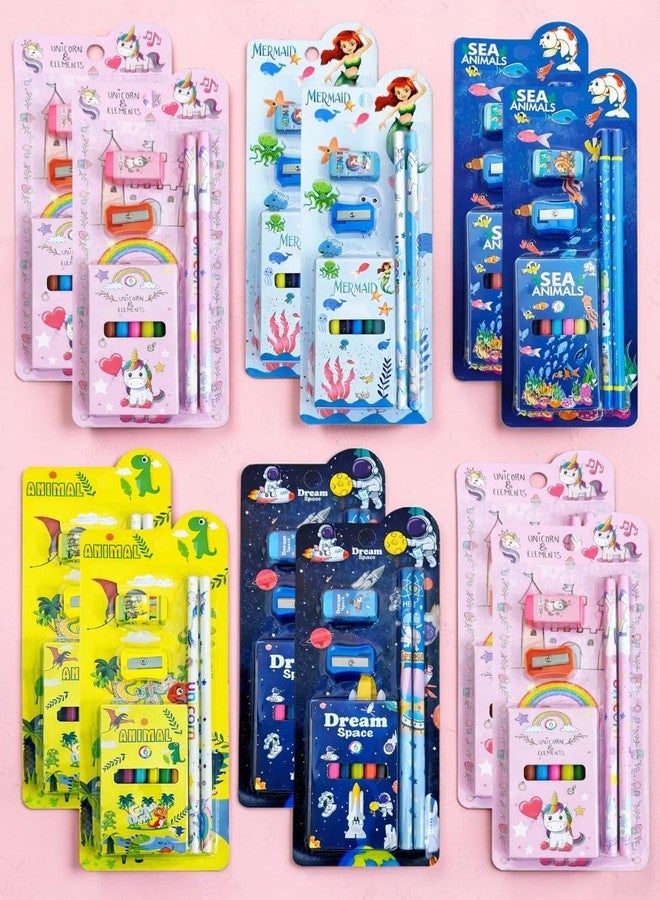 AMANVANI Cute Cartoon Unicorn Stationery Gift Set For Kids – Pencil, Sharpener, Eraser & Mini Crayons Combo Return Gift Unicorn, Mermaid, Dino, Sea Animal & Space Gift pack of (12Set) - Image 3