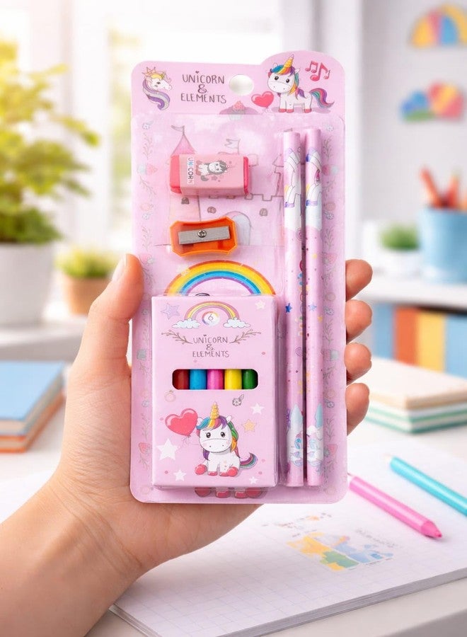 AMANVANI Cute Cartoon Unicorn Stationery Gift Set For Kids – Pencil, Sharpener, Eraser & Mini Crayons Combo Return Gift Unicorn, Mermaid, Dino, Sea Animal & Space Gift pack of (12Set) - Image 4
