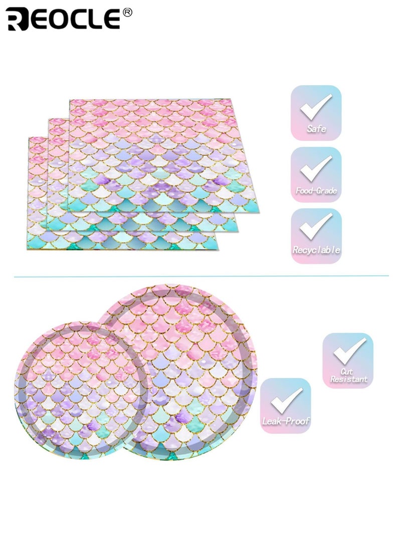 REOCLE 68PCS Mermaid Party Supplies Ocean Theme Tableware Set with Round Disposable Plates Napkins & Forks Serves 16 Ideal for Birthday & Baby Shower Decorations - Image 3