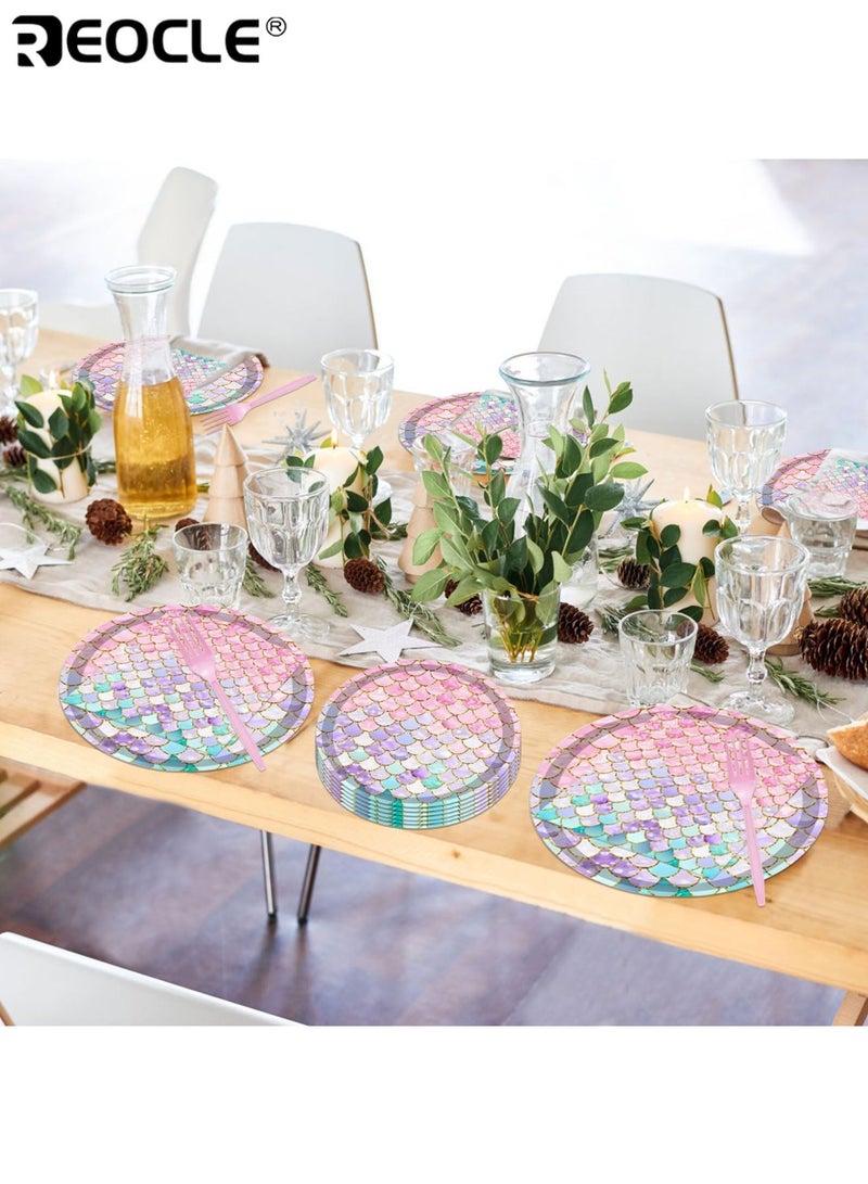 REOCLE 68PCS Mermaid Party Supplies Ocean Theme Tableware Set with Round Disposable Plates Napkins & Forks Serves 16 Ideal for Birthday & Baby Shower Decorations - Image 2