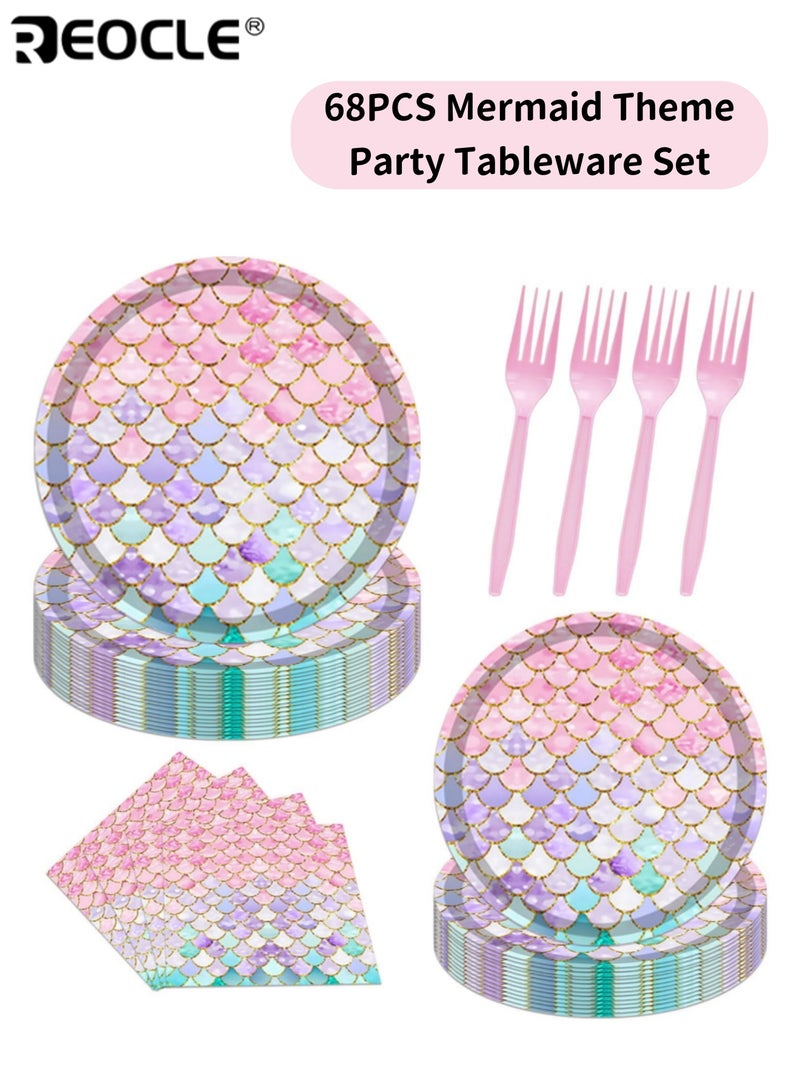 REOCLE 68PCS Mermaid Party Supplies Ocean Theme Tableware Set with Round Disposable Plates Napkins & Forks Serves 16 Ideal for Birthday & Baby Shower Decorations - Image 1