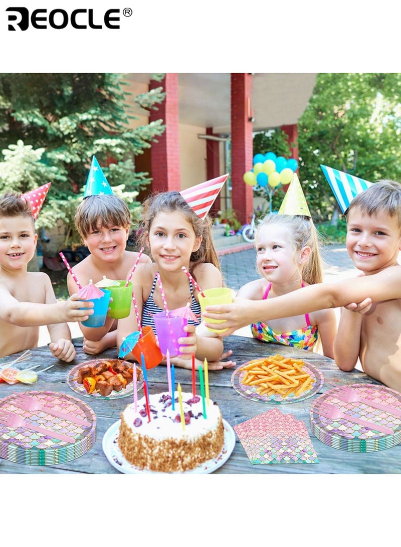 REOCLE 68PCS Mermaid Party Supplies Ocean Theme Tableware Set with Round Disposable Plates Napkins & Forks Serves 16 Ideal for Birthday & Baby Shower Decorations - Image 5