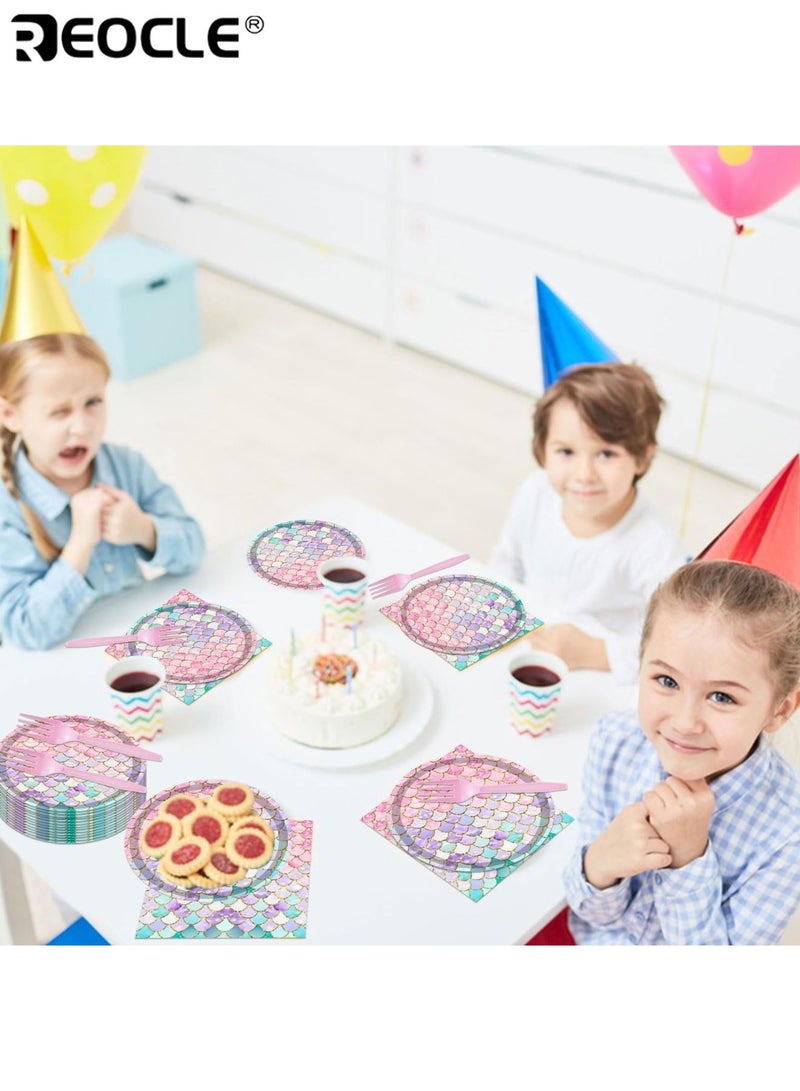 REOCLE 68PCS Mermaid Party Supplies Ocean Theme Tableware Set with Round Disposable Plates Napkins & Forks Serves 16 Ideal for Birthday & Baby Shower Decorations - Image 4