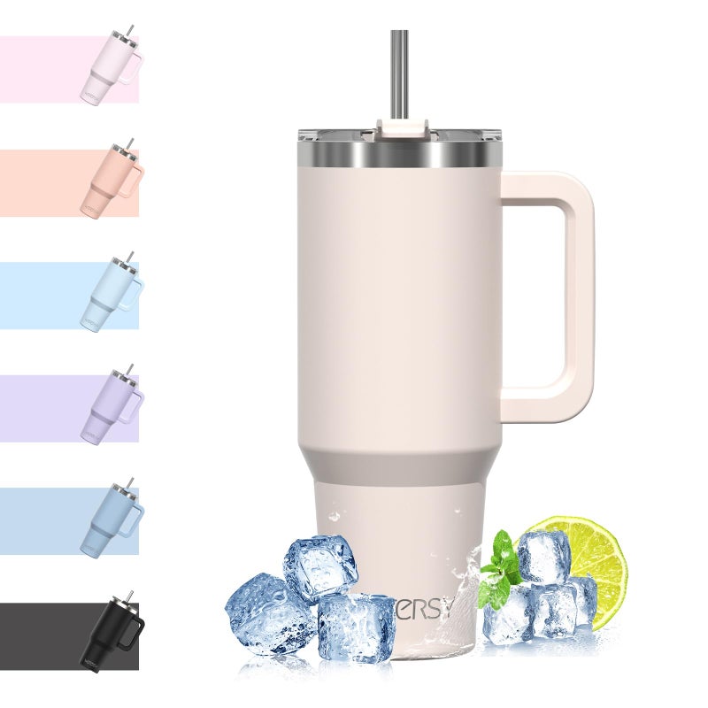 WATERSY Travel Mug Coffee Cup 40oz Tumbler Straw Lid and Handle Stainless Steel Double Wall Vacuum Insulated Coffee Water Bottle Thermal for Cold Hot Coffee 1182ml Ivory Beige