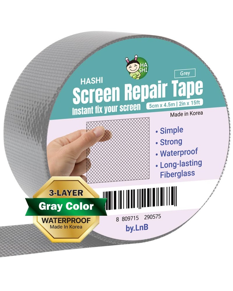 Hashi Screen Repair Kit for Windows or Doors (2" x 6.5FT, Grey) 3-Layer Strong Adhesive Tape, Made in Korea, Ease-Installation Fiberglass Covering Mesh - Image 1