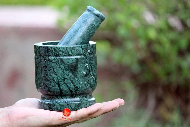 IMAGICART Green Marble Imam Dasta Granite Mortar and Pestle Set Ohkli Musal Kundi Kharal or khalbatta Spice Grinder for Kitchen Green 4x4 Inchs - Image 1