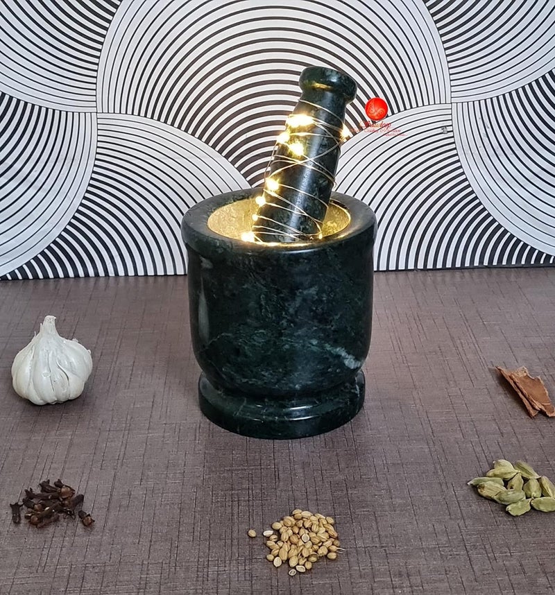 IMAGICART Green Marble Imam Dasta Granite Mortar and Pestle Set Ohkli Musal Kundi Kharal or khalbatta Spice Grinder for Kitchen Green 4x4 Inchs - Image 3