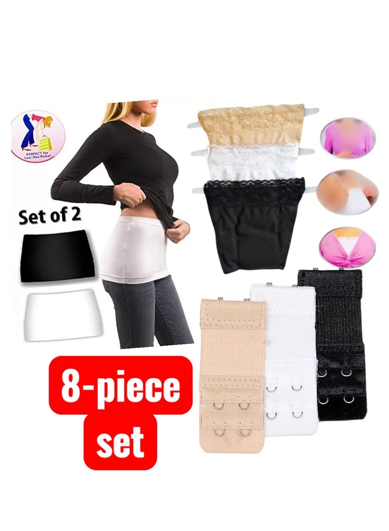 8-Piece Multi-Use Set 2-Piece Waist Covers and Short Shirt Lengtheners (Black and White) 3-Piece Lace Bra Covers and Dress Adjusters 3-Piece Bra Extender Clips (Beige, White, Black)