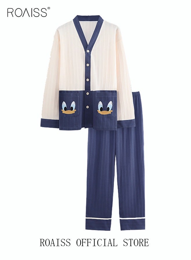 roaiss طقم بيجامات للأزواج بأكمام طويلة للرجال والنساء، لطيف بمقاس كبير، ملابس منزلية للربيع والخريف، هدية لصديقها وصديقتها وزوجها - Image 1