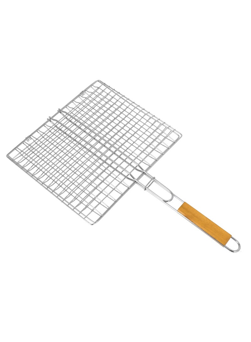 Royalford Barbeque Grill Chromium Plated Iron, RF10382 - Wooden Handle, Folding Portable BBQ Grill Basket for Fish Vegetables Shrimp, Larger Grilling Area Silver/Red - Image 3