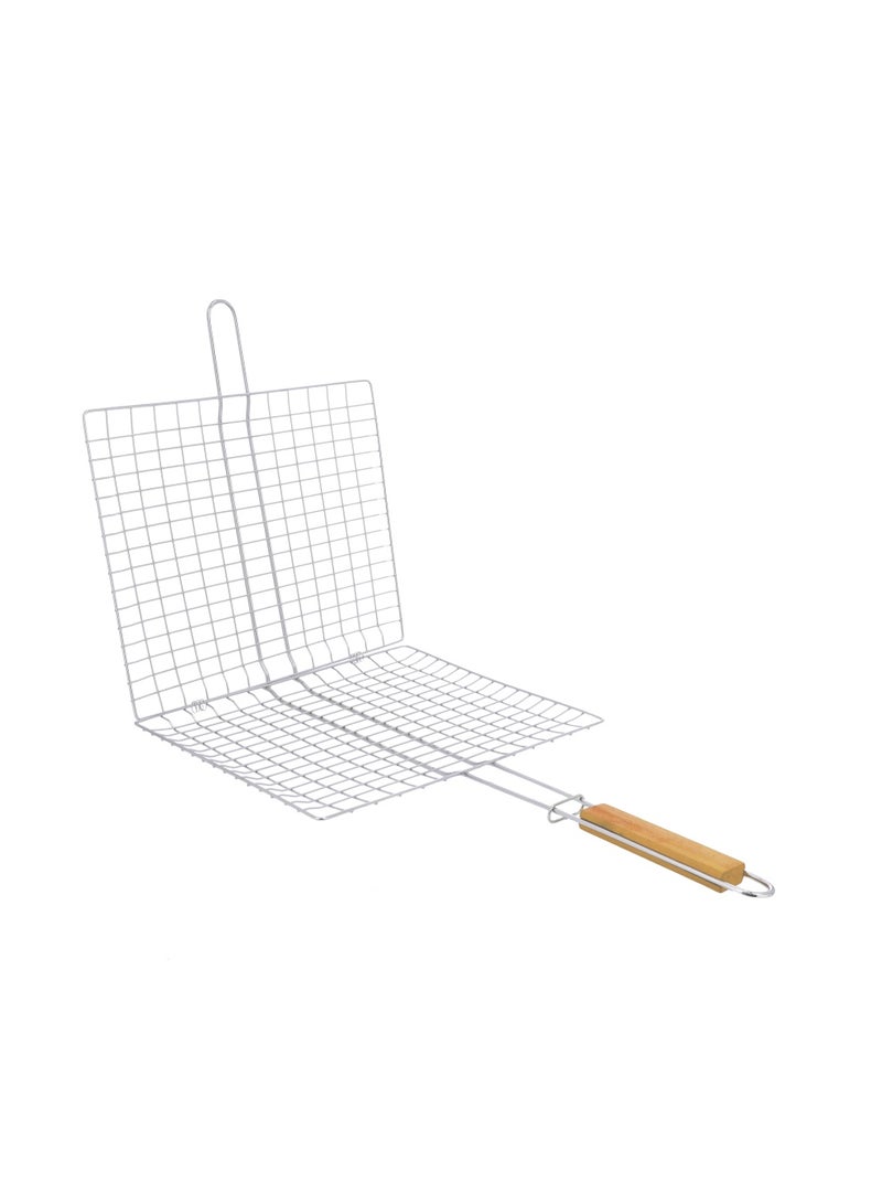Royalford Barbeque Grill Chromium Plated Iron, RF10382 - Wooden Handle, Folding Portable BBQ Grill Basket for Fish Vegetables Shrimp, Larger Grilling Area Silver/Red - Image 2