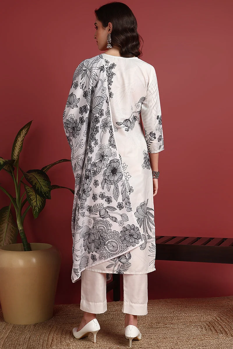 ZERESOUQ Off-White Silk Blend Floral Printed Straight 3-Piece Kurta Set