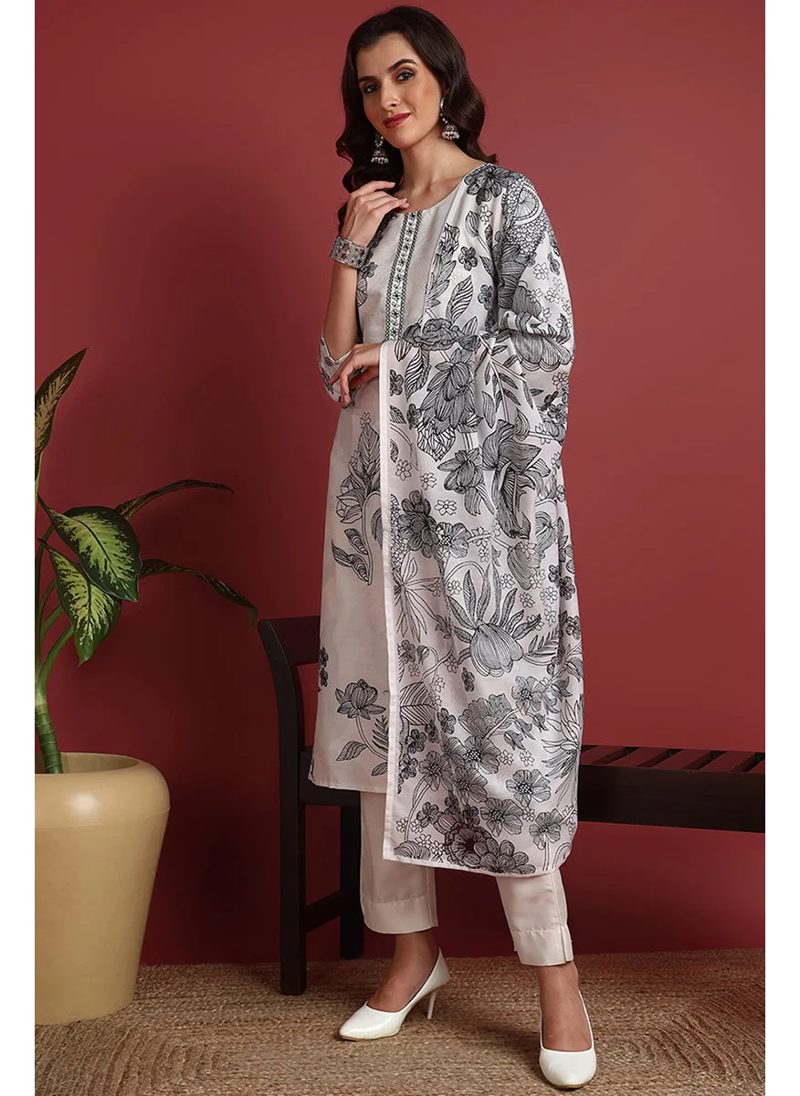 زيري سوق Off-White Silk Blend Floral Printed Straight 3-Piece Kurta Set