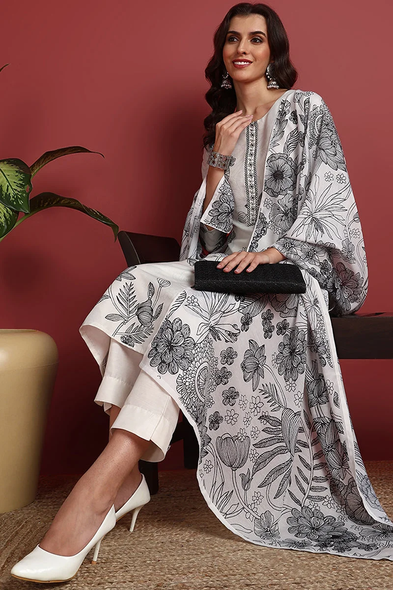 ZERESOUQ Off-White Silk Blend Floral Printed Straight 3-Piece Kurta Set