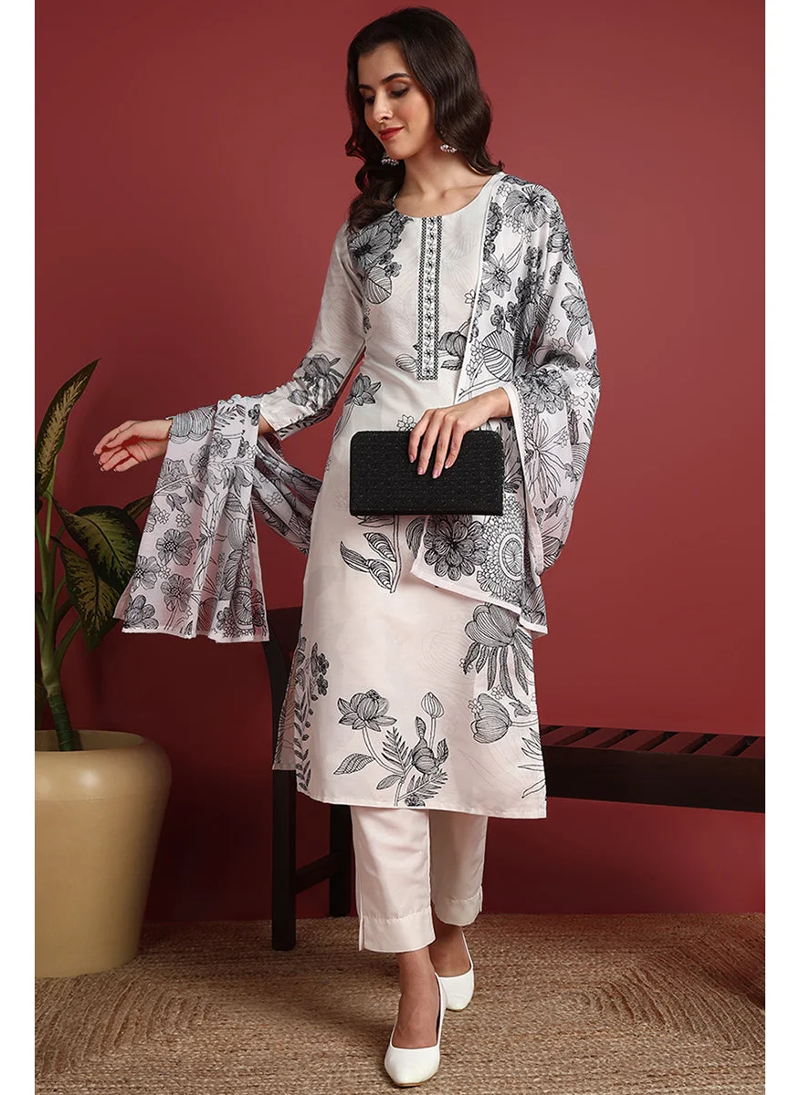 زيري سوق Off-White Silk Blend Floral Printed Straight 3-Piece Kurta Set
