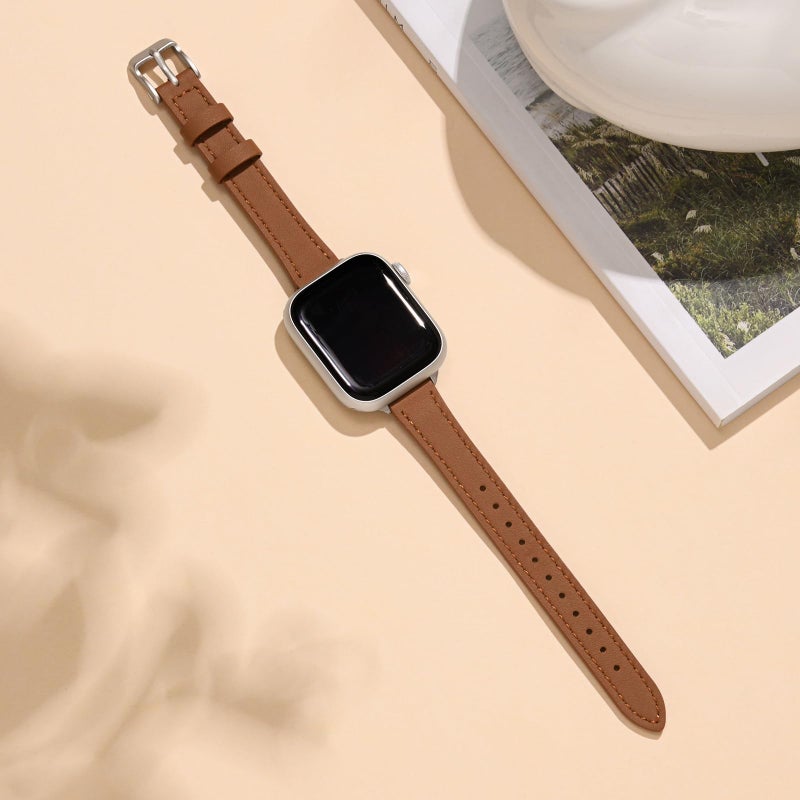 STIROLL Slim Leather Bands Compatible with Apple Watch Band 38mm 40mm 41mm 42mm(Series 11 10), Top Grain Leather Watch Thin Wristband for iWatch SE 9 8 7 6 5 4 3 2 1 (Brown Silver) - Image 4