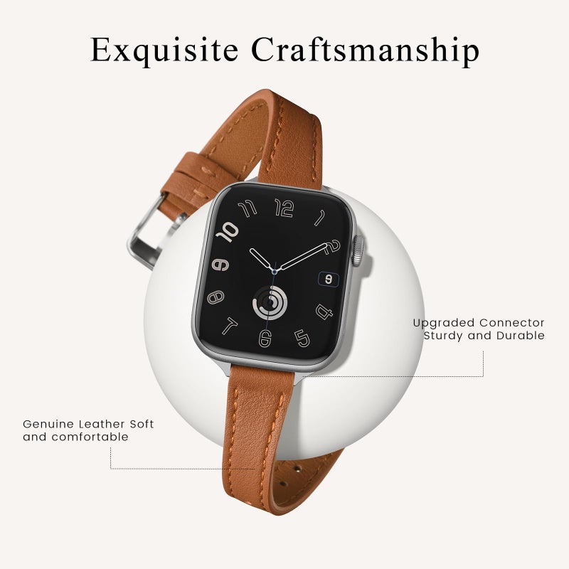 STIROLL Slim Leather Bands Compatible with Apple Watch Band 38mm 40mm 41mm 42mm(Series 11 10), Top Grain Leather Watch Thin Wristband for iWatch SE 9 8 7 6 5 4 3 2 1 (Brown Silver) - Image 2