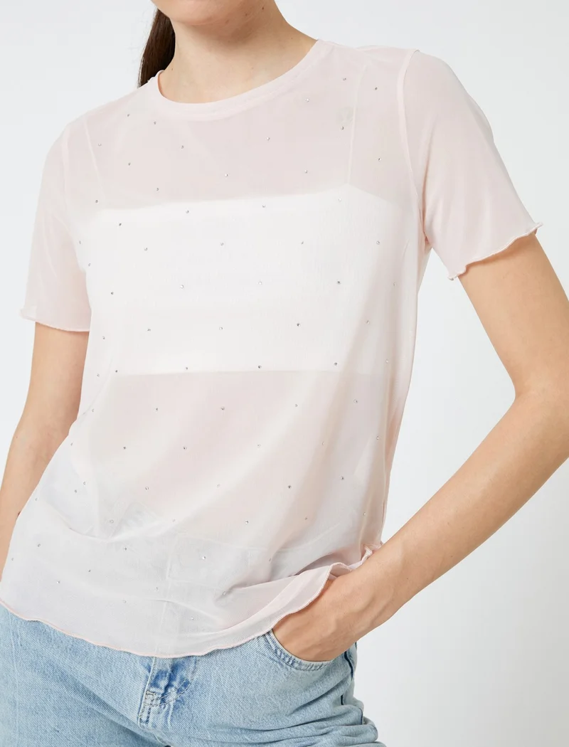 KOTON Transparent T-Shirt with Stone Detail Short Sleeve