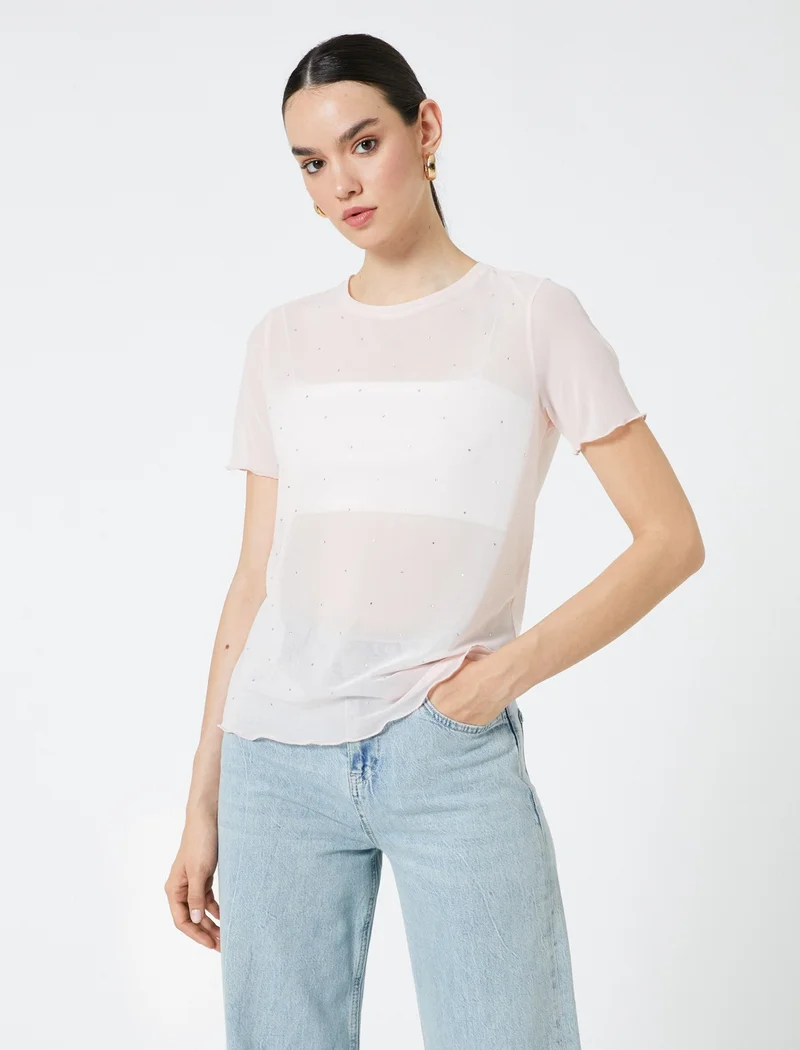 KOTON Transparent T-Shirt with Stone Detail Short Sleeve