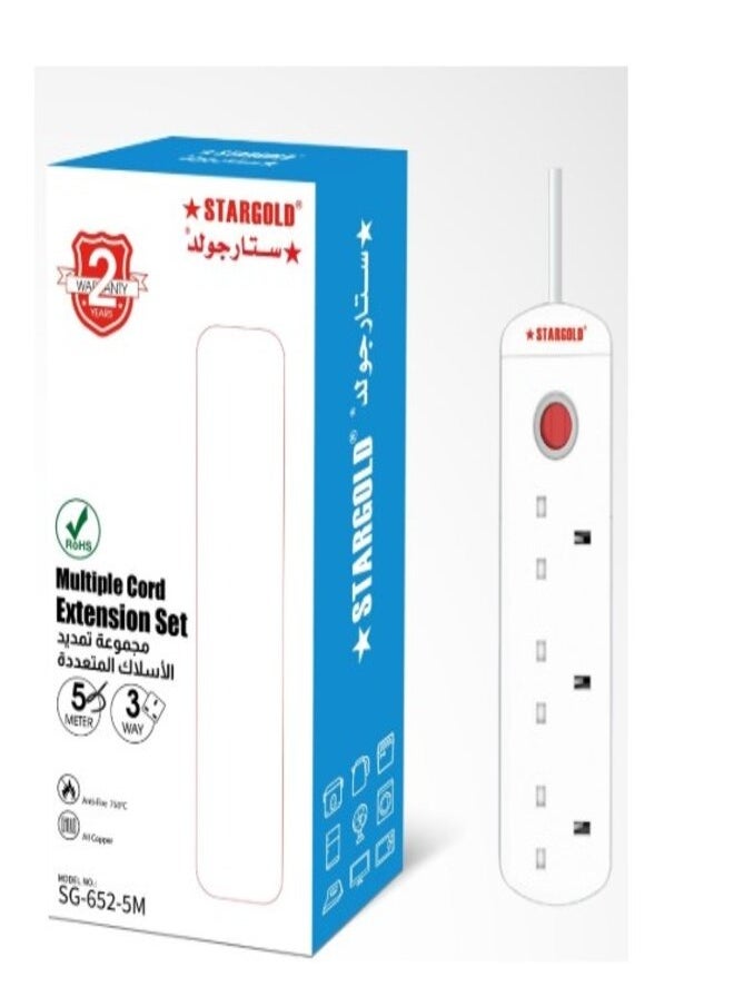 Stargold STARGOLD Multi 3 Way Extension Cord with USB Overload Protection Charging Lead, 3250W/13A, 5M Long Power Cable, SG-652 5M White  - Image 1