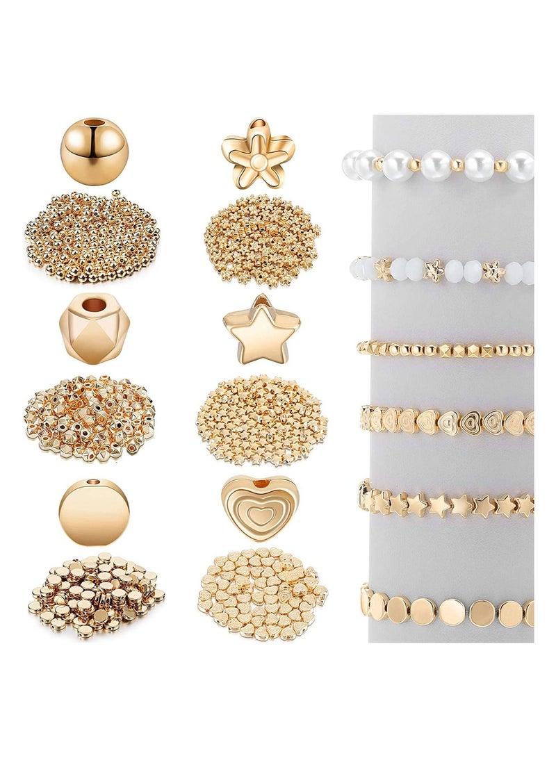SYOSI Loose Beads, SYOSI 1200 Pieces Spacer Beads Set Star Round Ball Beads, Faceted Spacer Beads, Heart Beads, Flower Beads Flat Disc Beads for Bracelet Earring Necklace Jewelry Making (Gold) - Image 1